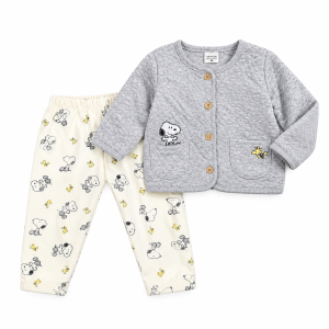 Ensemble bébé – Gilet matelassé gris et pantalon imprimé