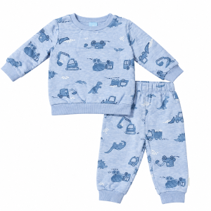 Ensemble bébé garçon bleu – Sweat et pantalon imprimés dinosaures et engins