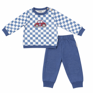 Ensemble bébé garçon bleu et marron – Sweat à carreaux et pantalon