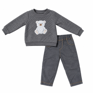 Ensemble bébé garçon gris – Sweat matelassé à motif ours et pantalon