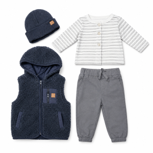 Ensemble bébé garçon 4 pièces – Gilet à capuche noir, haut rayé, pantalon et bonnet