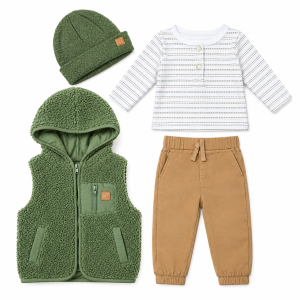 Ensemble bébé garçon 4 pièces – Gilet à capuche vert, haut rayé, pantalon et bonnet